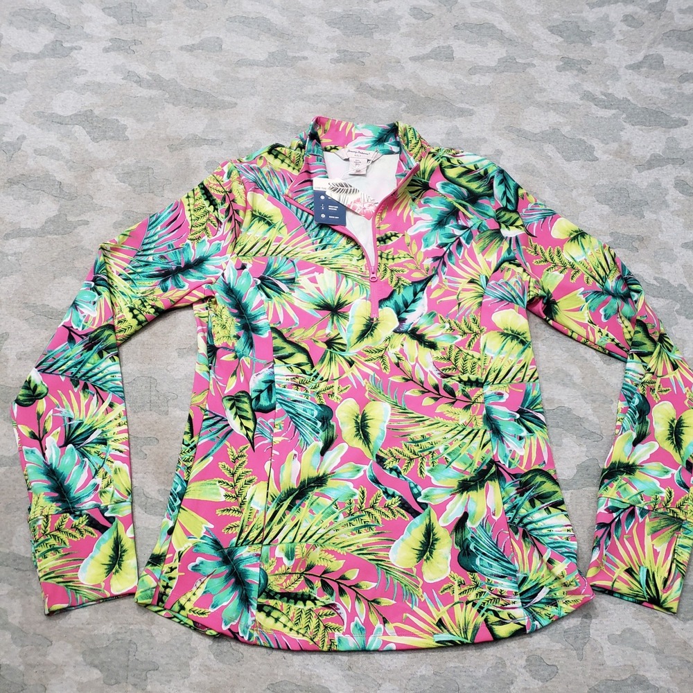 Tommy Bahama Golf Top Womens Large Pink Tropical Palm 1/4 Zip NWT Outdoors